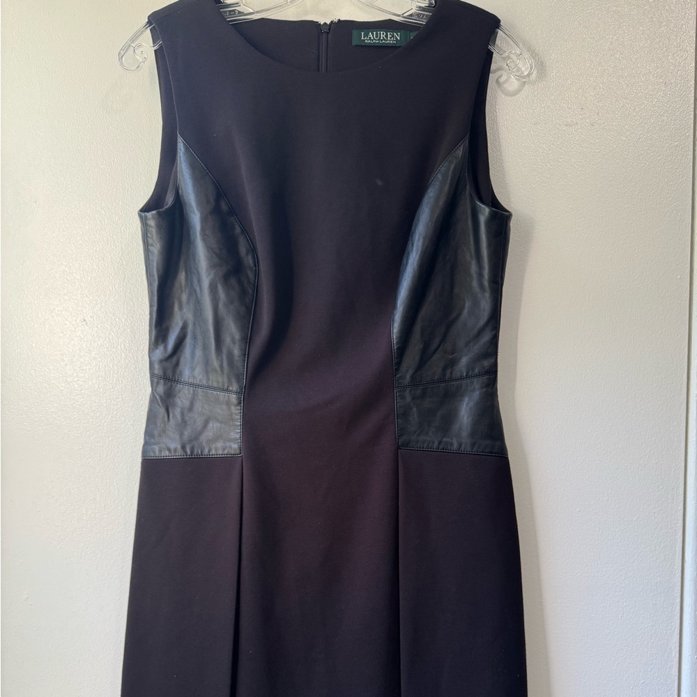 Lauren Ralph Lauren Faux Leather Trim Sheath Sleeveless Black Dress Sz - Picture 3 of 10